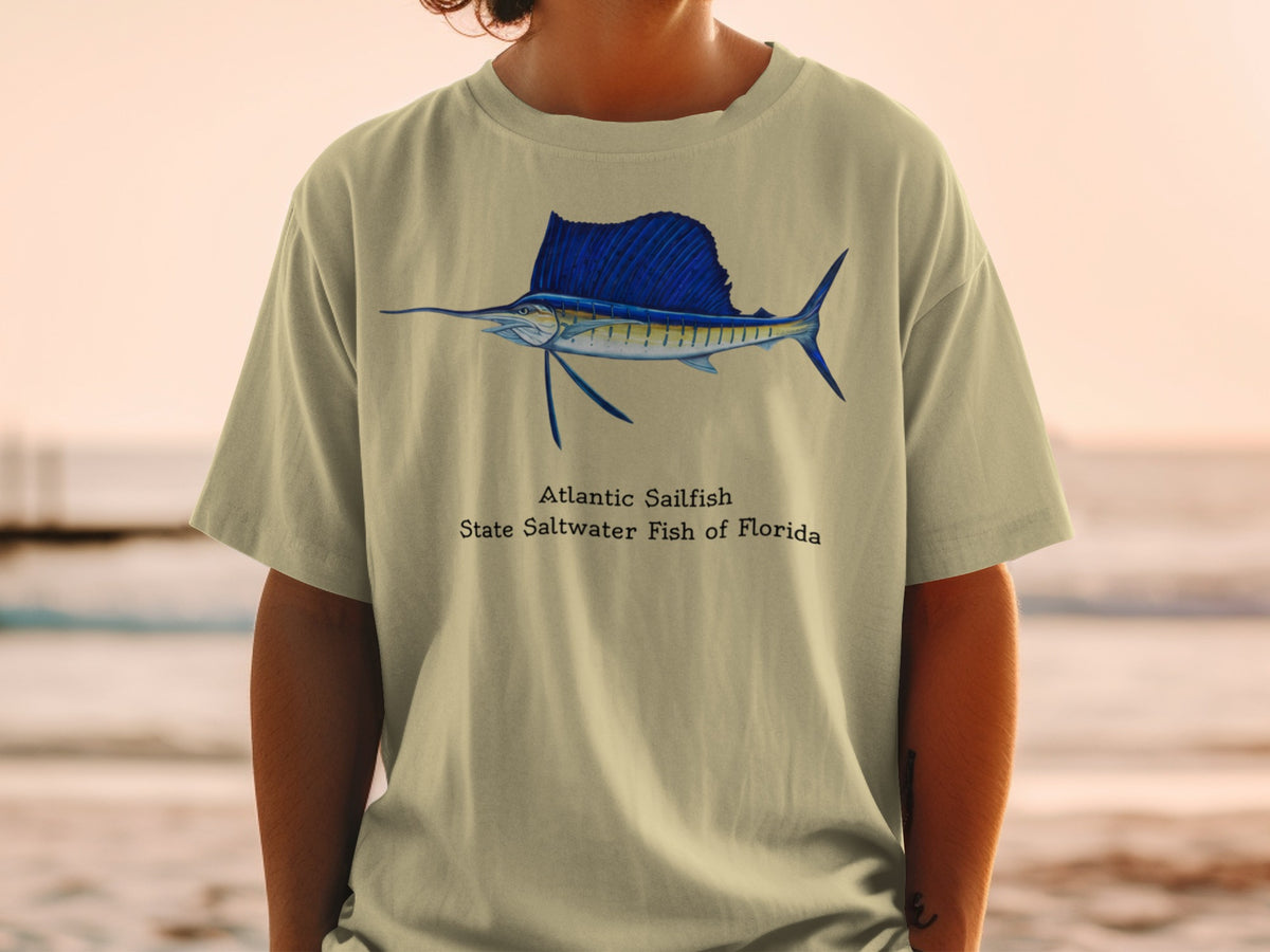 T-shirt with Atlantic Sailfish and "State Saltwater Fish of Florida" text.