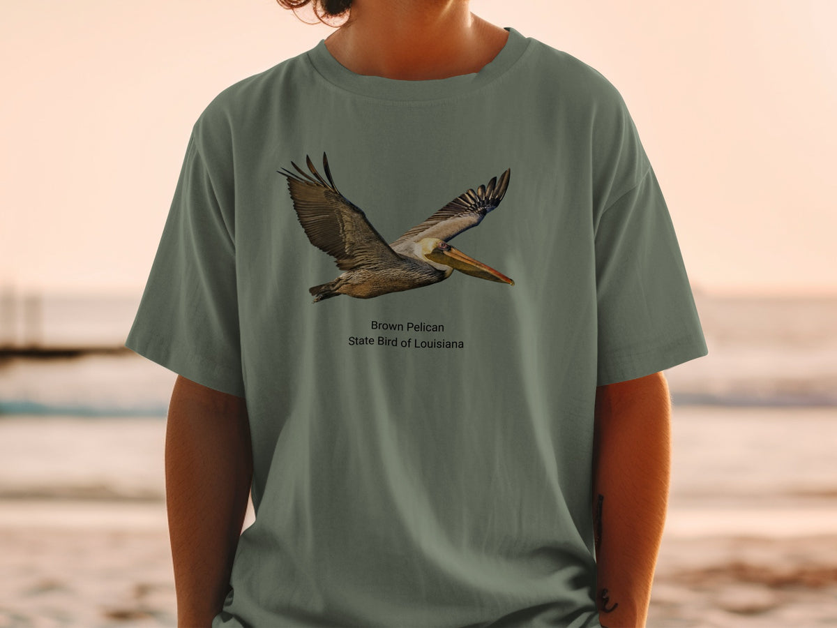 Brown Pelican, State Bird of Louisiana graphic on a t-shirt.