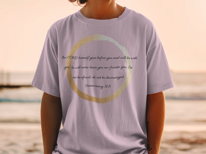 Purple t-shirt with Deuteronomy 31:8 scripture printed inside a circular design.