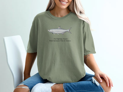 Green t-shirt with illustration of "The Fighting Tarpon, State Saltwater Fish of Alabama."