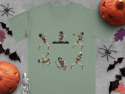 Six skeletons in various dancing poses surround a DJ skeleton with turntables.