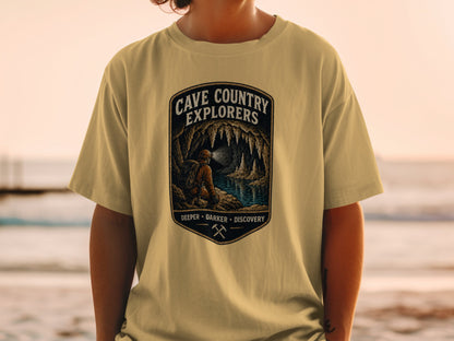 T-shirt graphic with "Cave Country Explorers" and a caver exploring a cave.