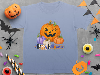 Light blue t-shirt with watercolor pumpkins and "Happy Halloween" text.