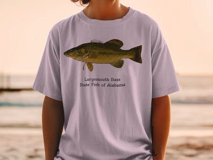 Largemouth Bass, State Fish of Alabama graphic on a t-shirt.