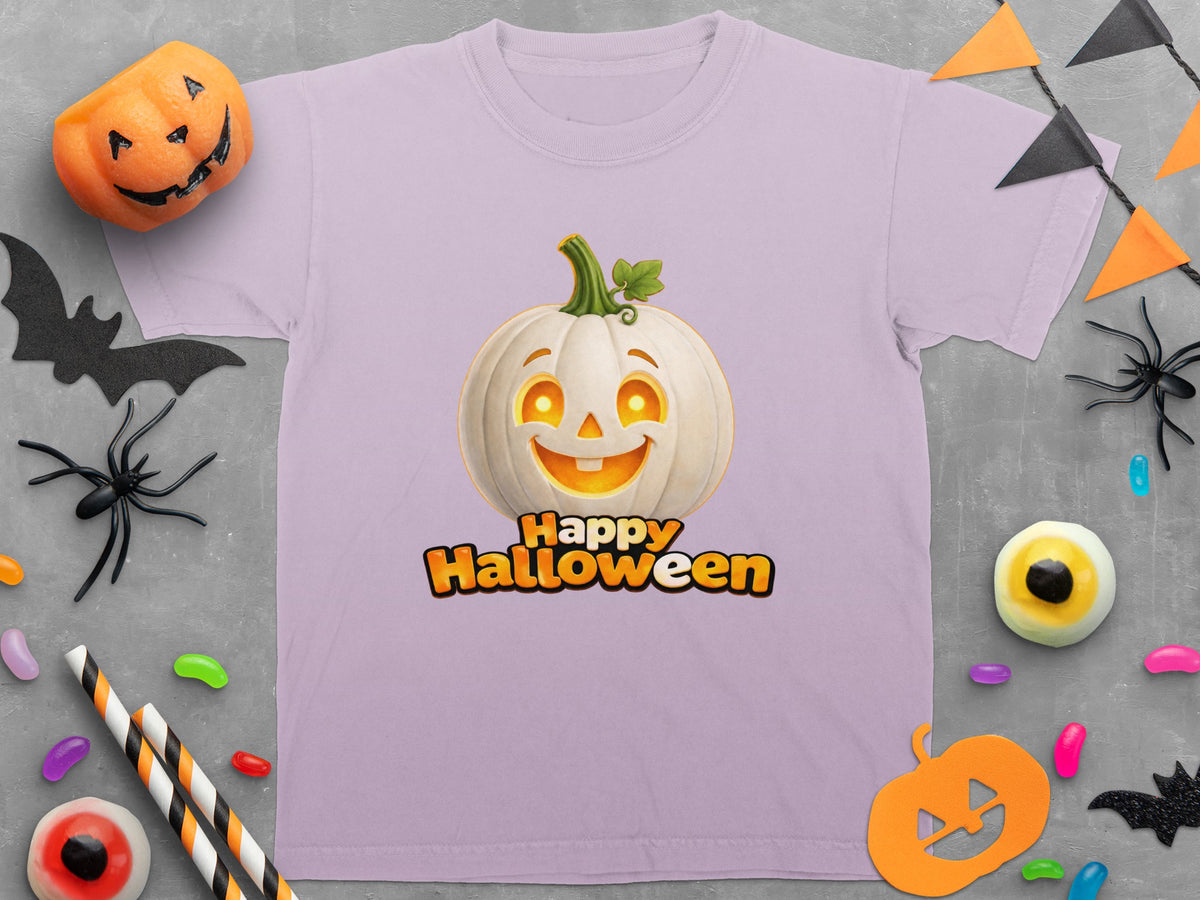 Lavender t-shirt with a smiling jack-o'-lantern and "Happy Halloween" text.