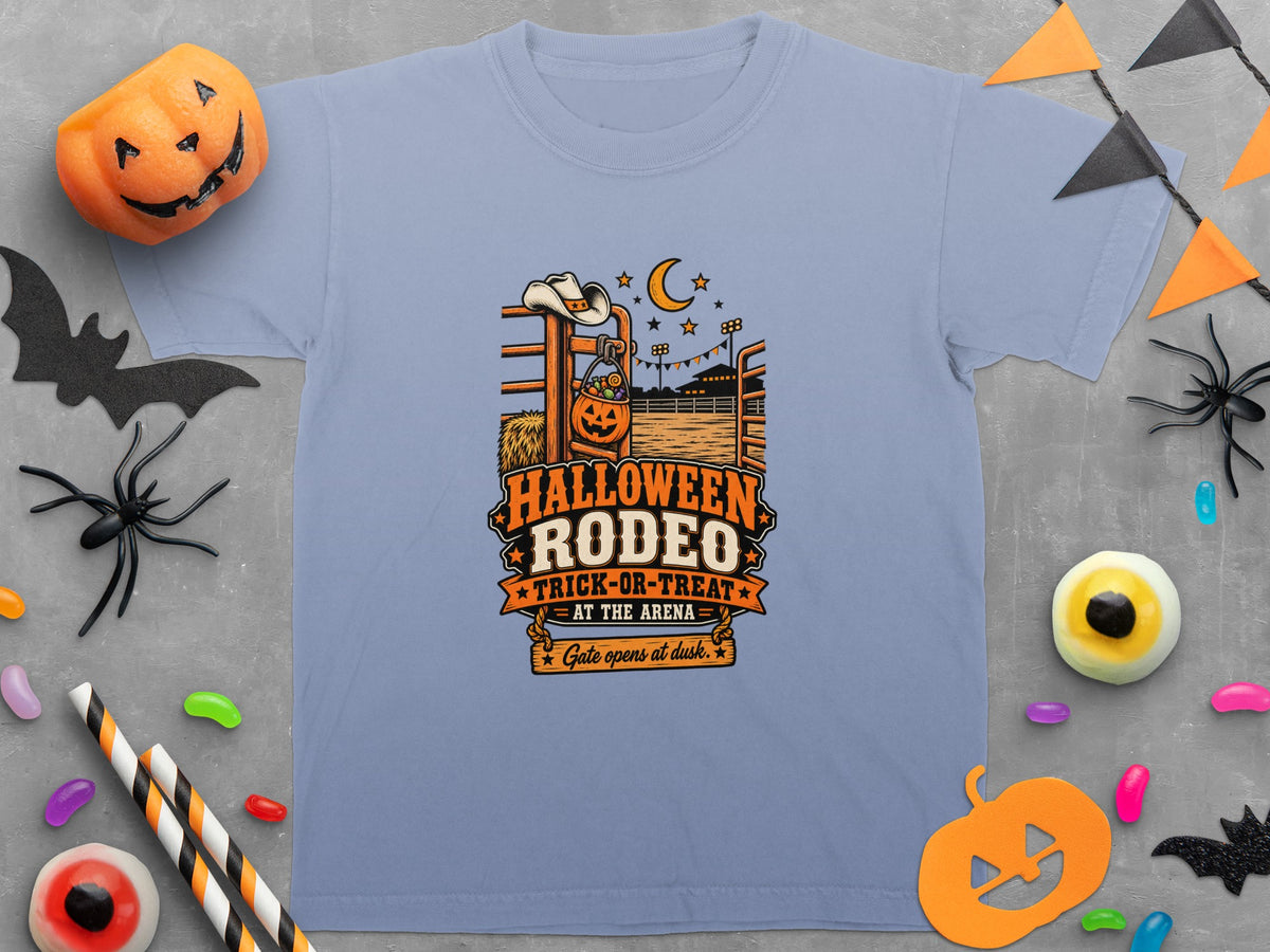 Light blue t-shirt with "Halloween Rodeo Trick-or-Treat" graphic.