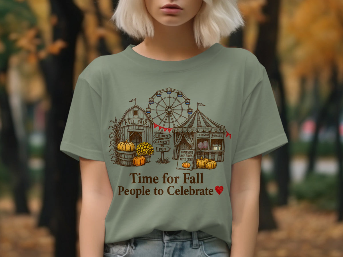 T-shirt with a fall fair illustration, Ferris wheel, and text "Time for Fall People to Celebrate".