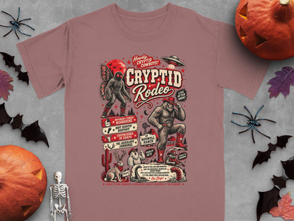 Cryptid Rodeo design with Bigfoot, Mothman, Jackalope, and other cryptids.