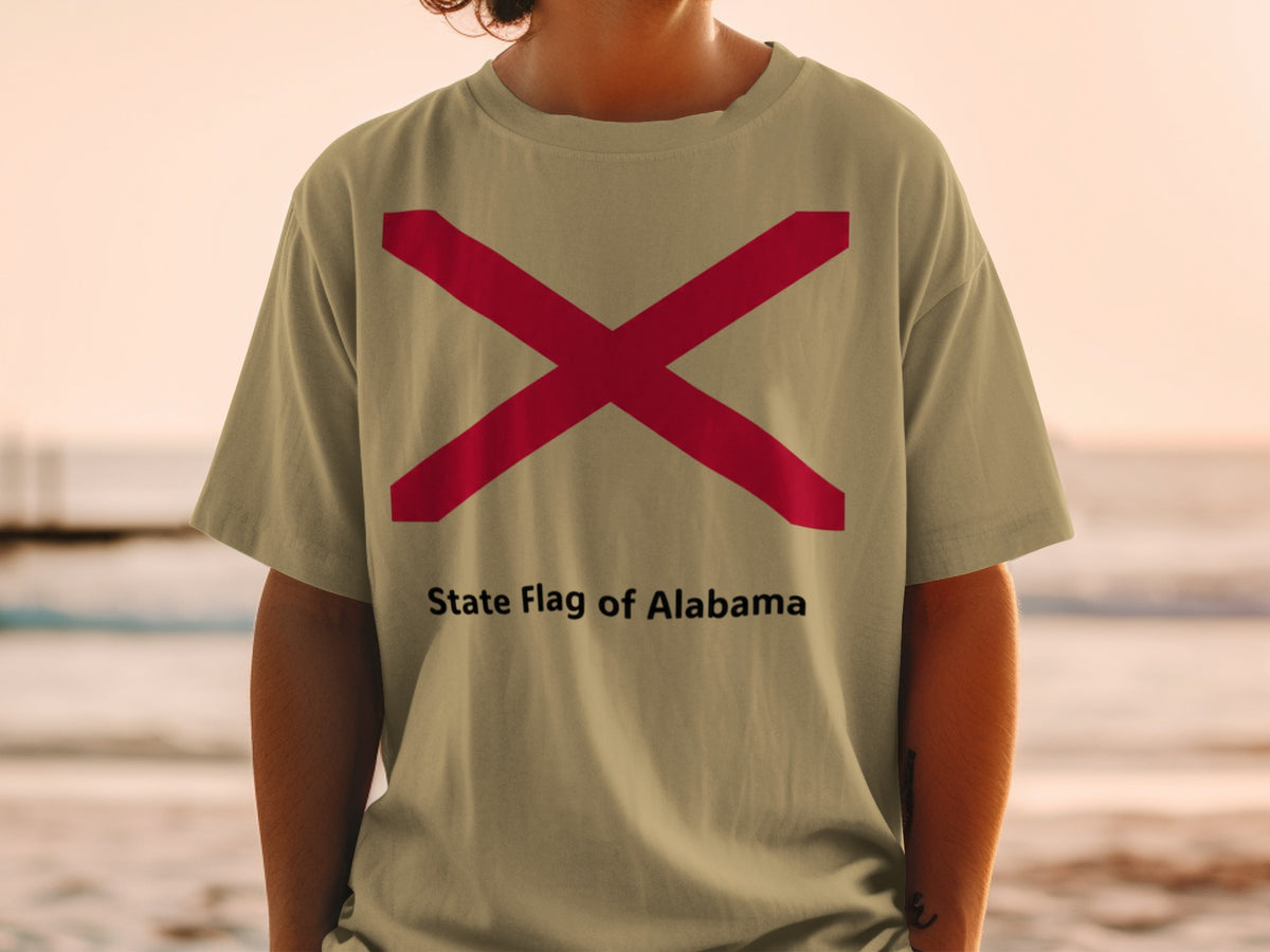 Tan t-shirt featuring the State Flag of Alabama and text.