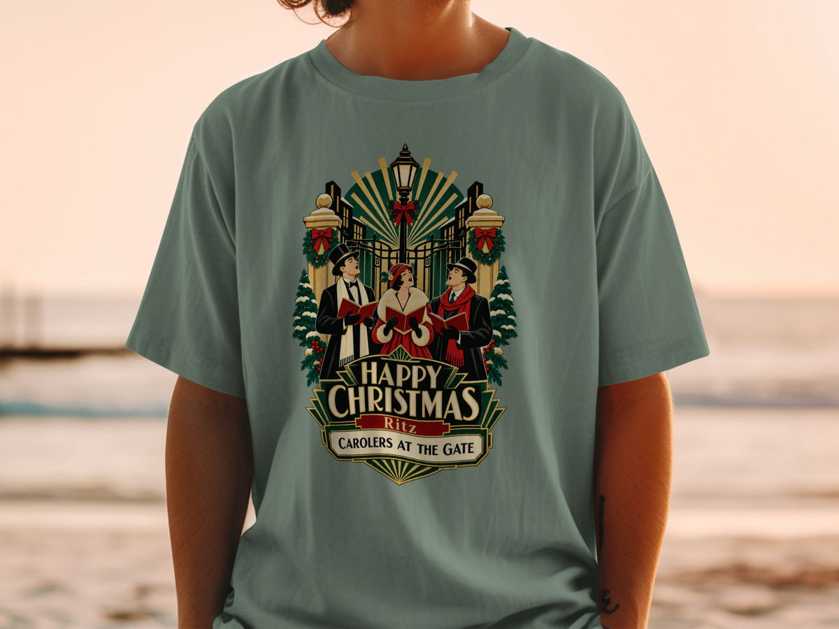 "Happy Christmas Ritz Carolers at the Gate" graphic on a t-shirt.