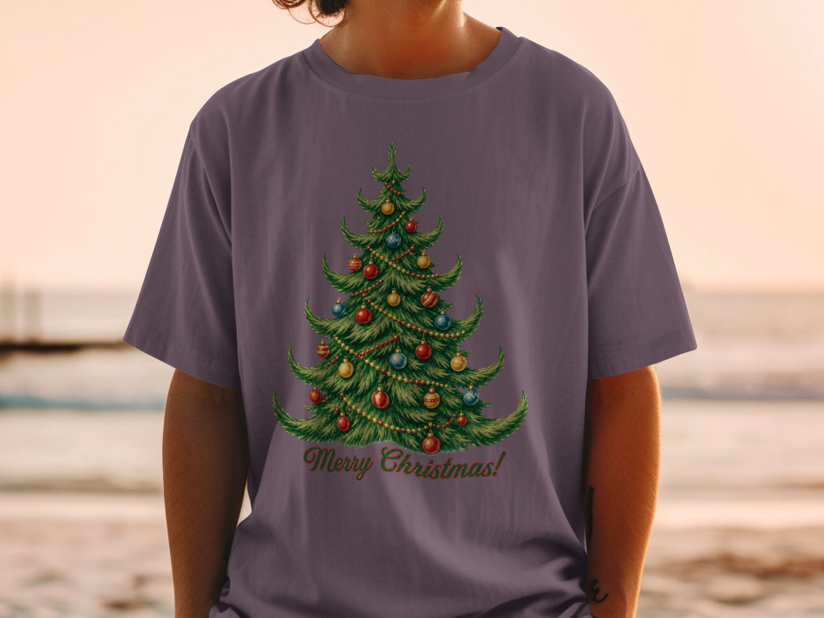 T-shirt with a decorated Christmas tree and "Merry Christmas!" text.
