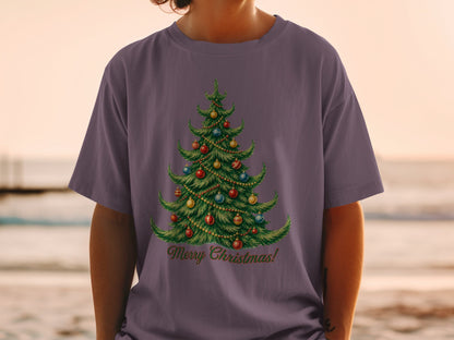 T-shirt with a decorated Christmas tree and "Merry Christmas!" text.