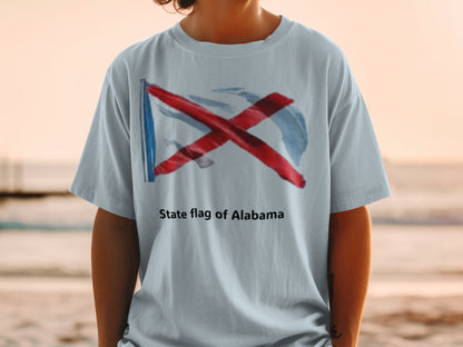 T-shirt featuring a watercolor design of the state flag of Alabama.