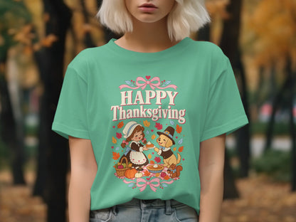 Green t-shirt with "Happy Thanksgiving" and a pilgrim girl and dog.