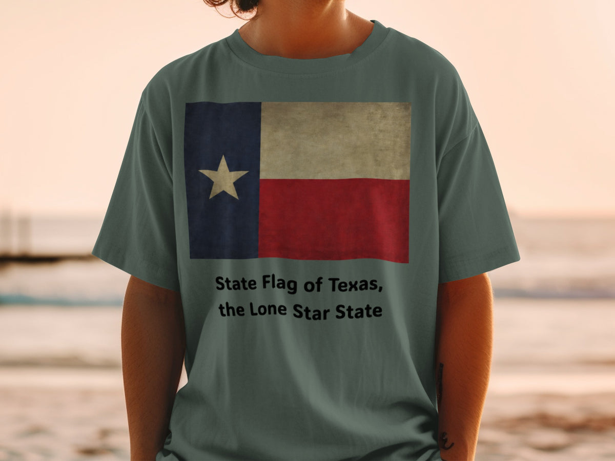 Texas state flag with text "State Flag of Texas, the Lone Star State".