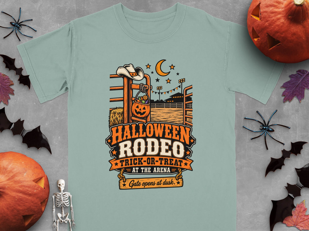 T-shirt with Halloween Rodeo graphic: trick-or-treat at the arena, gate opens at dusk.
