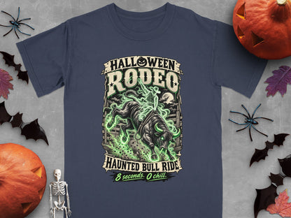 Navy t-shirt with Halloween Rodeo Haunted Bull Ride graphic.