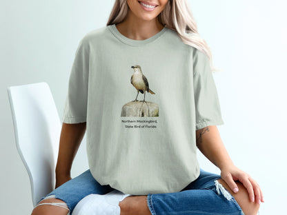 Light grey t-shirt with Northern Mockingbird, State Bird of Florida print.