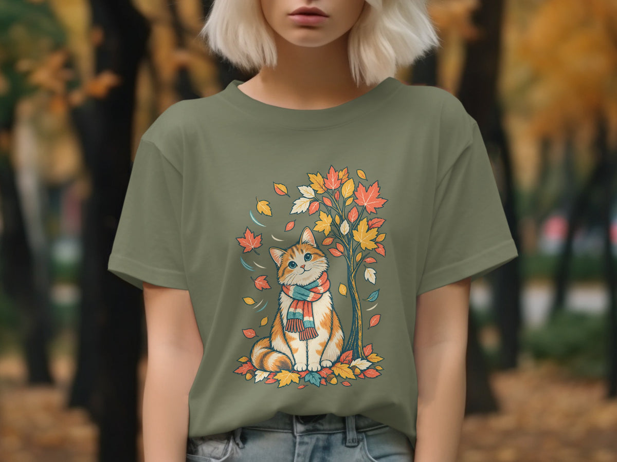 Orange tabby cat with scarf sits under autumn tree with falling leaves.