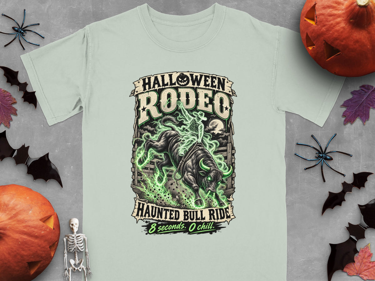 Light green t-shirt with "Halloween Rodeo Haunted Bull Ride" graphic.