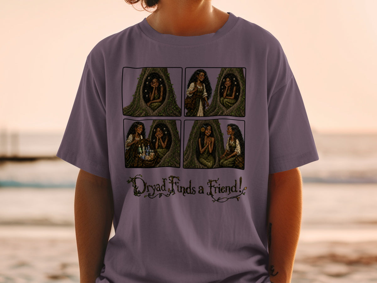 T-shirt graphic with four panels showing a dryad in a tree and text "Dryad Finds a Friend!".