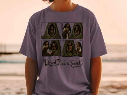 T-shirt graphic with four panels showing a dryad in a tree and text "Dryad Finds a Friend!".