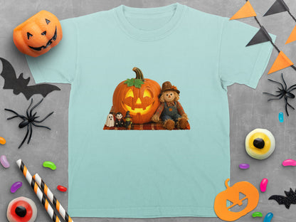 Light blue t-shirt with Halloween graphic featuring jack-o'-lantern, scarecrow, and spooky characters.