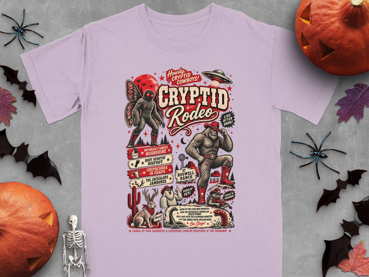 Purple t-shirt with "Cryptid Rodeo" design featuring cryptids like Bigfoot, Mothman, and Chupacabra.