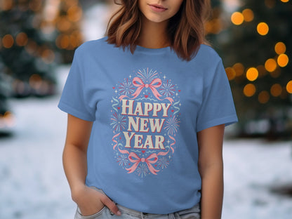 Blue t-shirt with "Happy New Year" text and festive fireworks and bow graphic.