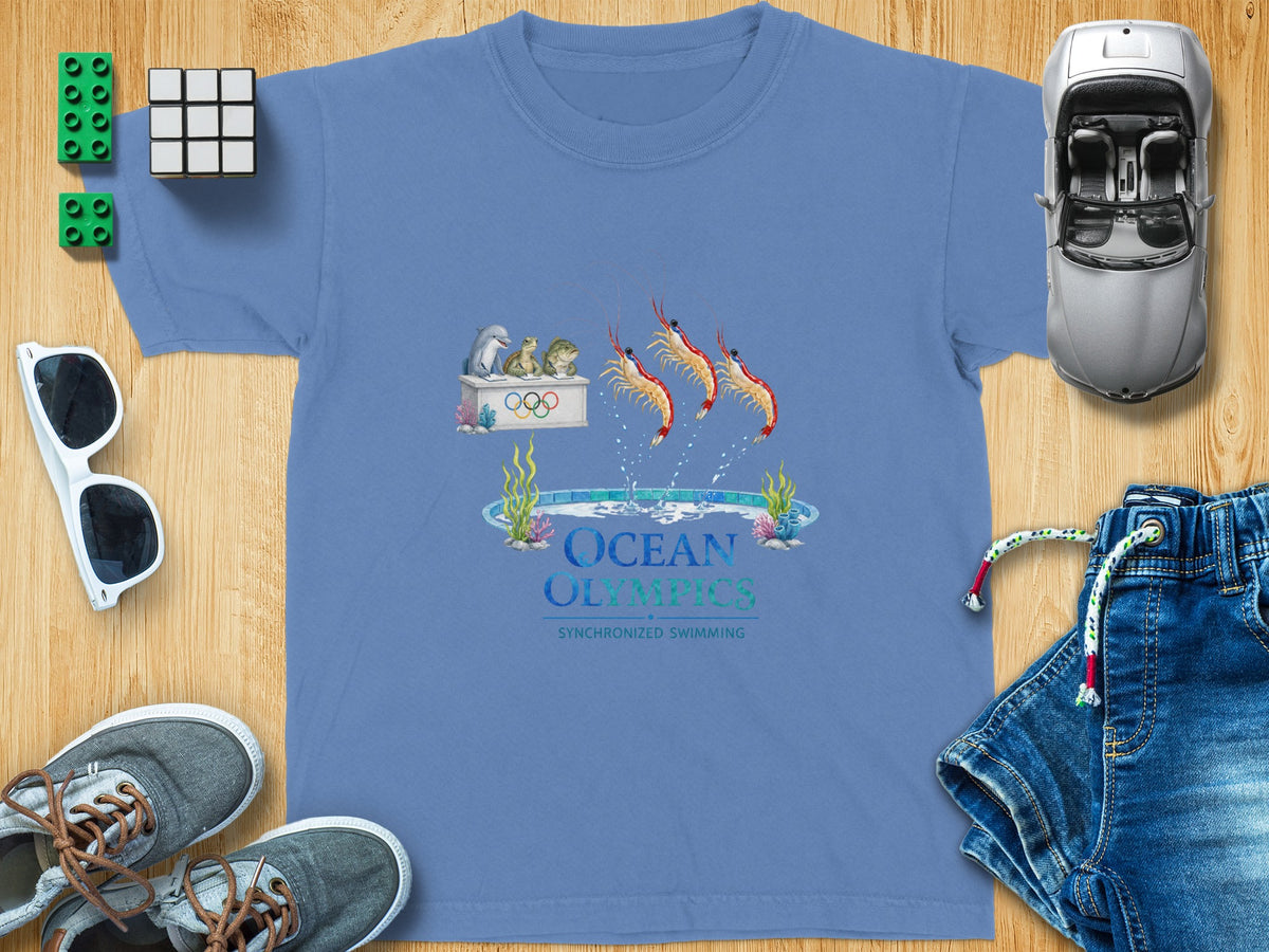 T-shirt featuring "Ocean Olympics Synchronized Swimming" graphic with sea creatures and shrimp.