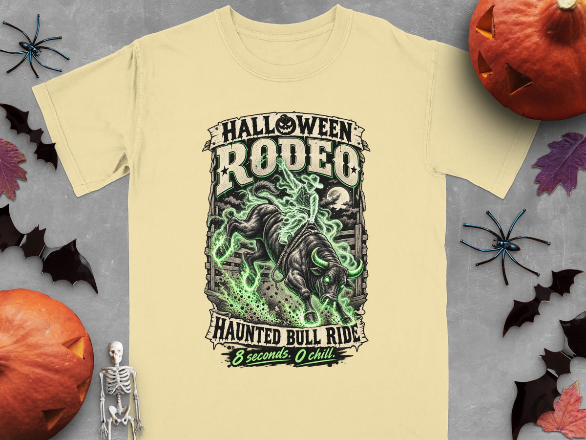 T-shirt with "Halloween Rodeo Haunted Bull Ride" graphic and skeleton cowboy.