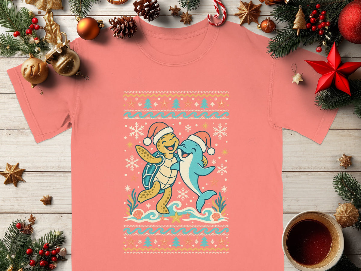 A coral shirt with a Christmas sweater design featuring a joyful turtle and dolphin.