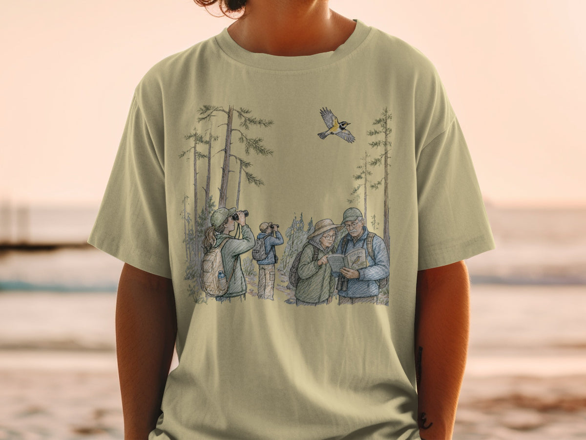 Illustration of birdwatchers in a forest with a bird flying overhead.