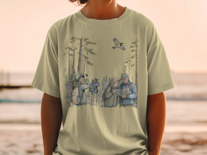 Illustration of birdwatchers in a forest with a bird flying overhead.