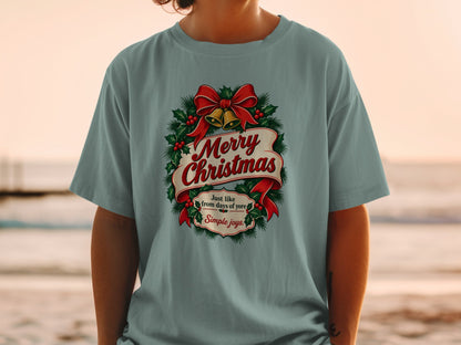 Merry Christmas design with wreath, bells, bow, and text "Simple joys."