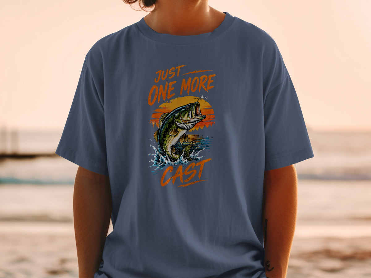 T-shirt with "Just One More Cast" text and leaping bass graphic.