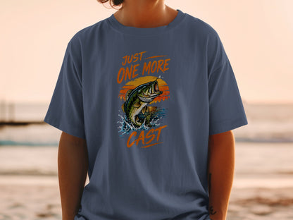 T-shirt with "Just One More Cast" text and leaping bass graphic.
