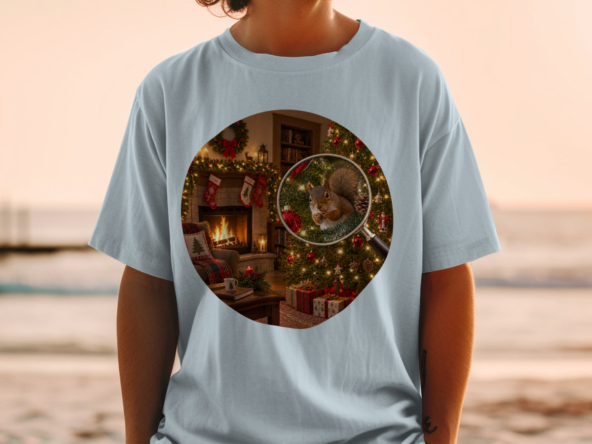 Christmas living room scene with fireplace, tree, gifts, and squirrel magnified on a t-shirt.