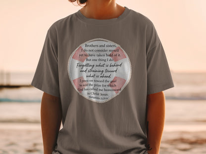T-shirt with Philippians 3:13-14 verse inside a life preserver.