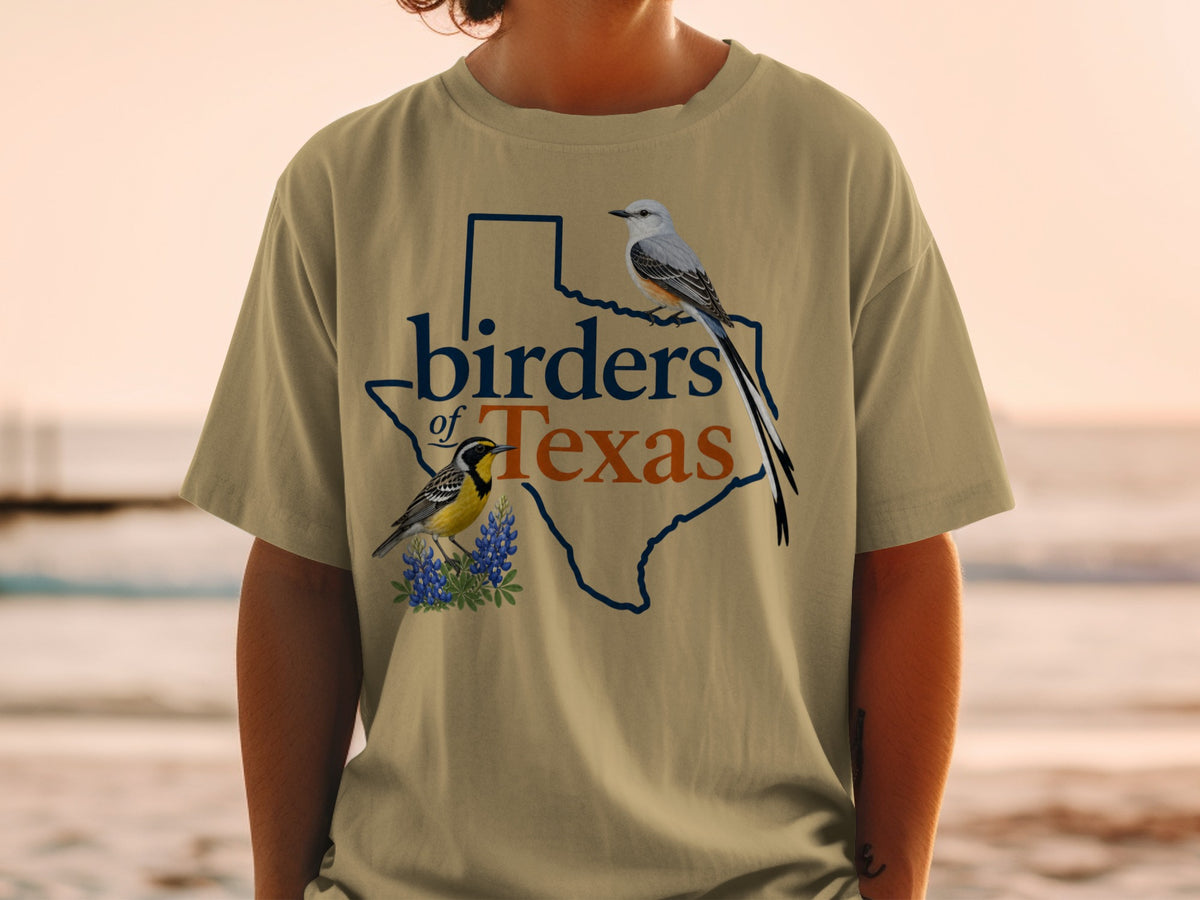 T-shirt graphic of Texas outline with two birds and text "birders of Texas".