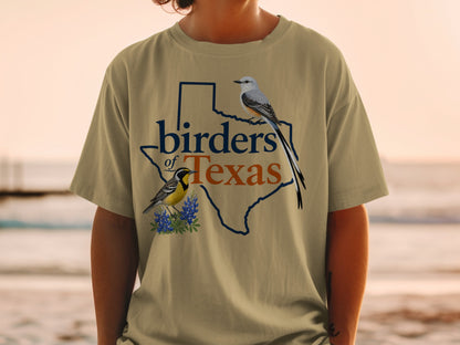T-shirt graphic of Texas outline with two birds and text "birders of Texas".