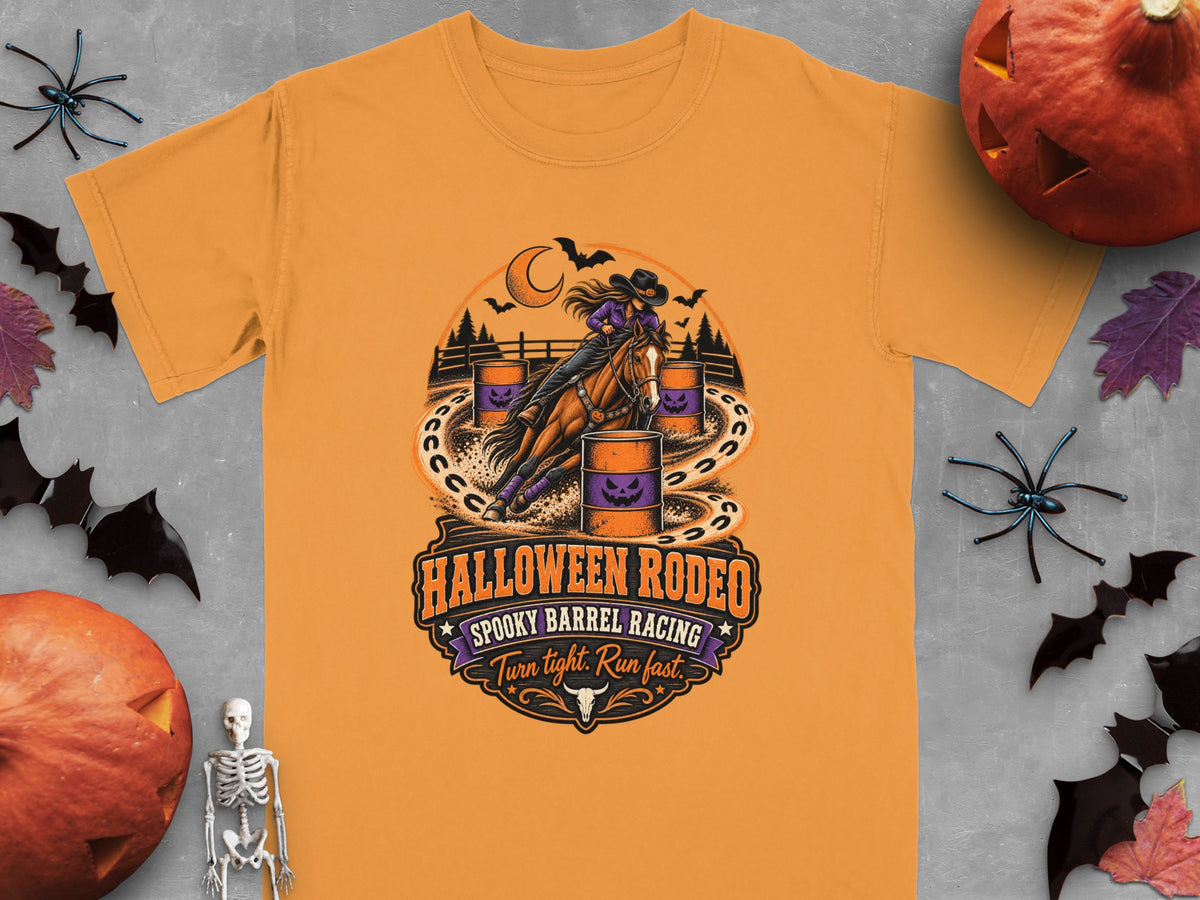 Orange t-shirt with "Halloween Rodeo Spooky Barrel Racing Turn tight. Run fast." graphic.
