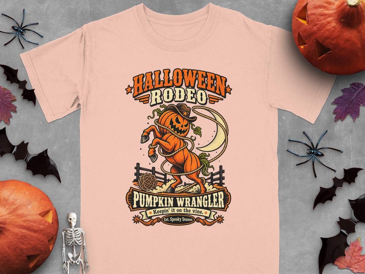 Light pink t-shirt with Halloween Rodeo and Pumpkin Wrangler graphic.
