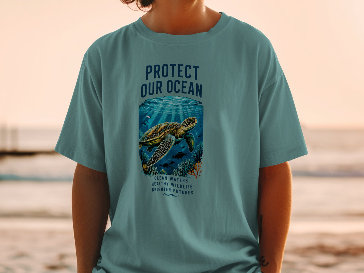 Teal t-shirt with "Protect Our Ocean" and sea turtle graphic.