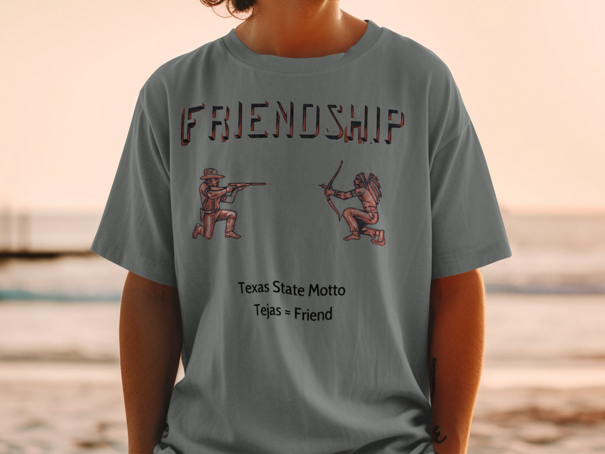 Gray t-shirt with "FRIENDSHIP" text, cowboy, and Native American figures.
