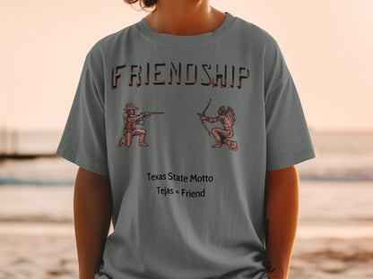 Gray t-shirt with "FRIENDSHIP" text, cowboy, and Native American figures.