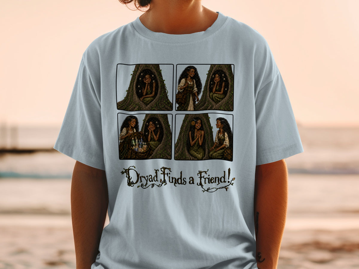 Four-panel comic of a dryad finding a friend in a tree hollow, with text "Dryad Finds a Friend!".