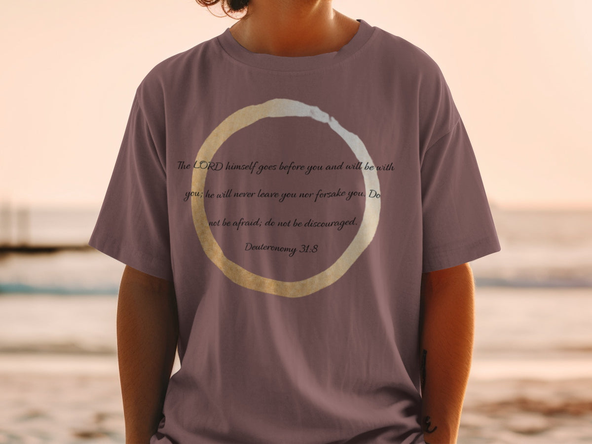 T-shirt with Deuteronomy 31:8 scripture and a circular design.