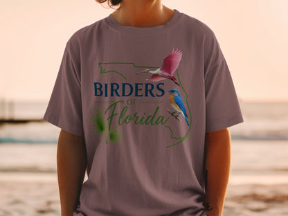 T-shirt with "Birders of Florida" text and illustrations of birds within Florida's outline.