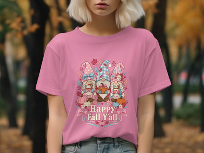 Three gnomes with pumpkins and leaves, with "Happy Fall Y'all" text.